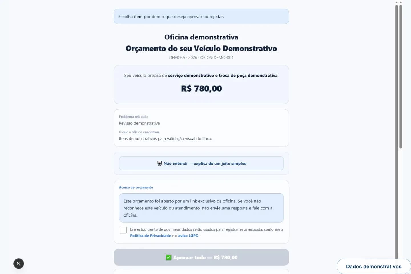 Orçamento demonstrativo do Engrena aberto para aprovação pelo celular